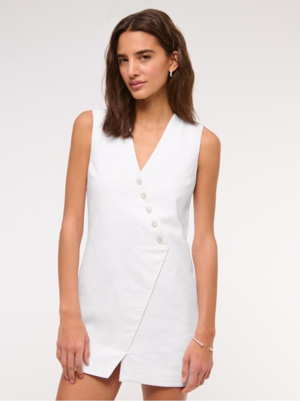 Abercrombie & Fitch Linen-Blend V-Neck Button Mini Dress White Medium Sleeveless
